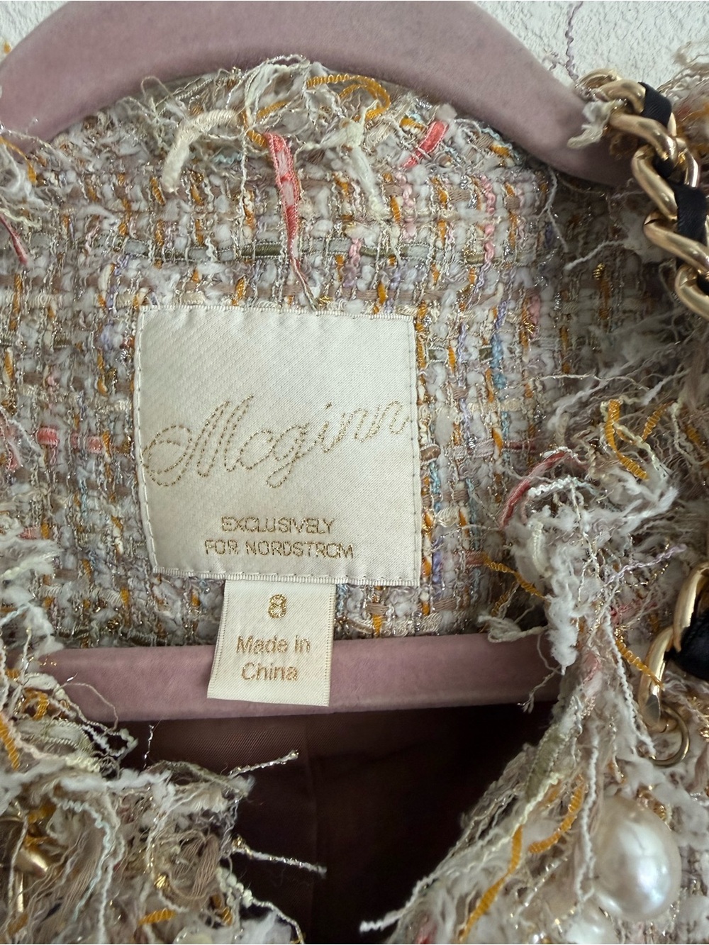McGinn for Nordstrom Tweed Pearl Chain Fringe Jacket Blazer Size 8 Luxe Bouclé - Picture 5 of 12